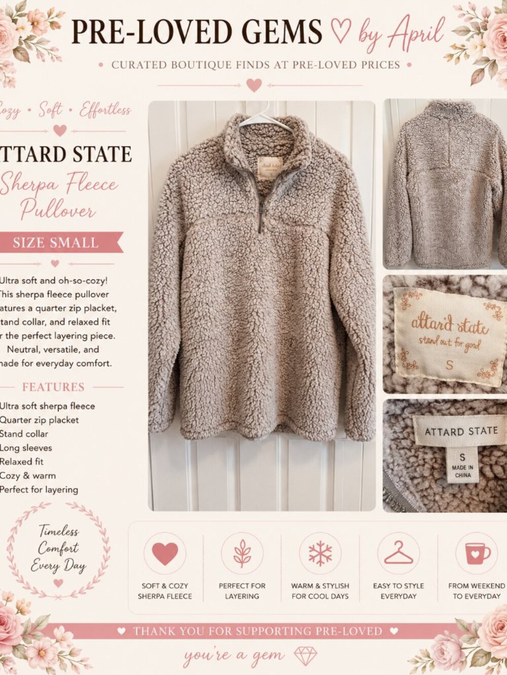 Attard State Sherpa Fleece Quarter Snap Pullover Jacket Women's Small Taupe Cozy